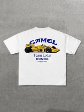 White Vintage Camel Lotus Honda F1 1987 Monaco Gp Race Car Back Print Tee