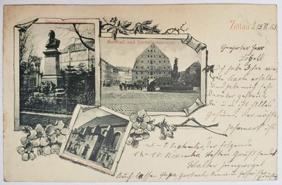 AK Zittau, Marschnerdenkmal, Marstall und Herkulesbrunnen, Kloster, gel. 1903
