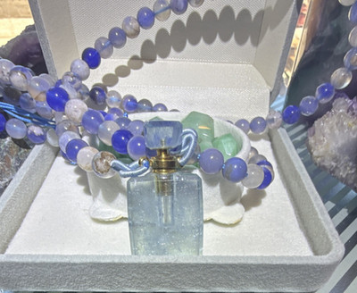 Aquamarine natural Perfume Bottle with Blue Beaded Necklace