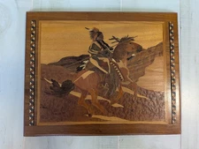 Marquetry Inlay Style Native American Indian Chief On Horse Patchwork Wall Art 