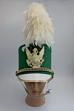 Vtg Shako Marching Band Uniform Hat Green Gold White Feather Sz S-M-L w/case