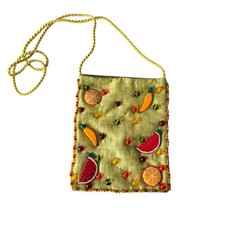 Vintage Fruit Crossbody Purse Hand Painted Beaded Green Silk India Novelty Bag