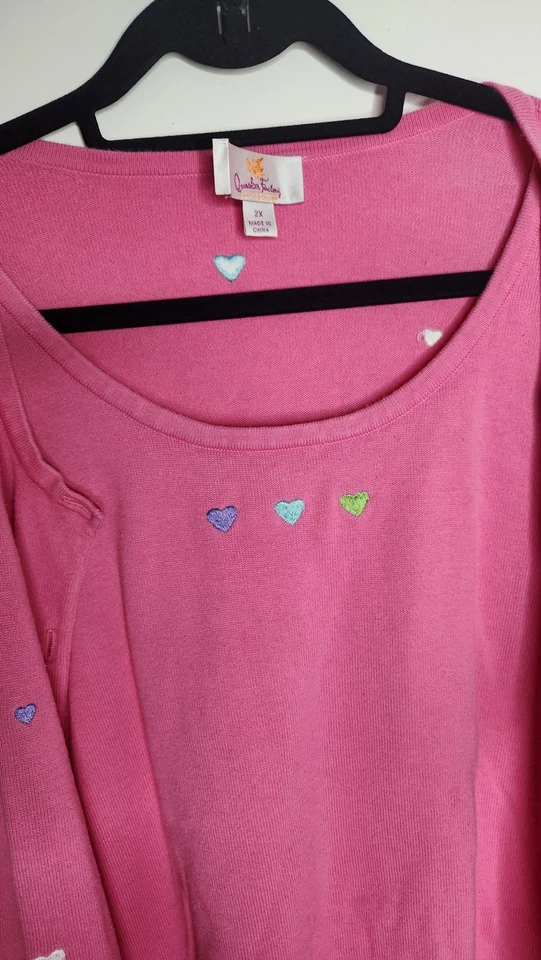 Quacker Factory Sweater Womens 2X Pink Heart Embroidered Cardigan Tank Twinset - Image 3 of 4