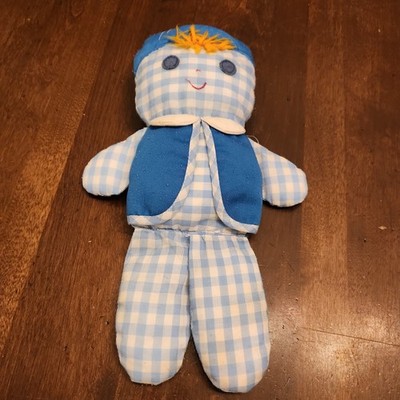 Vintage 1977 Fisher Price Blue Cholly Dolly Doll 419 Plush Baby Boy Rattle Lovey