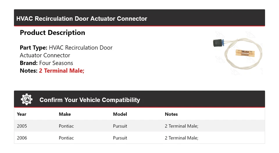 For 2005-06 Pontiac Pursuit HVAC Recirculation Door Actuator Connector 4 Seasons - Image 2 of 4