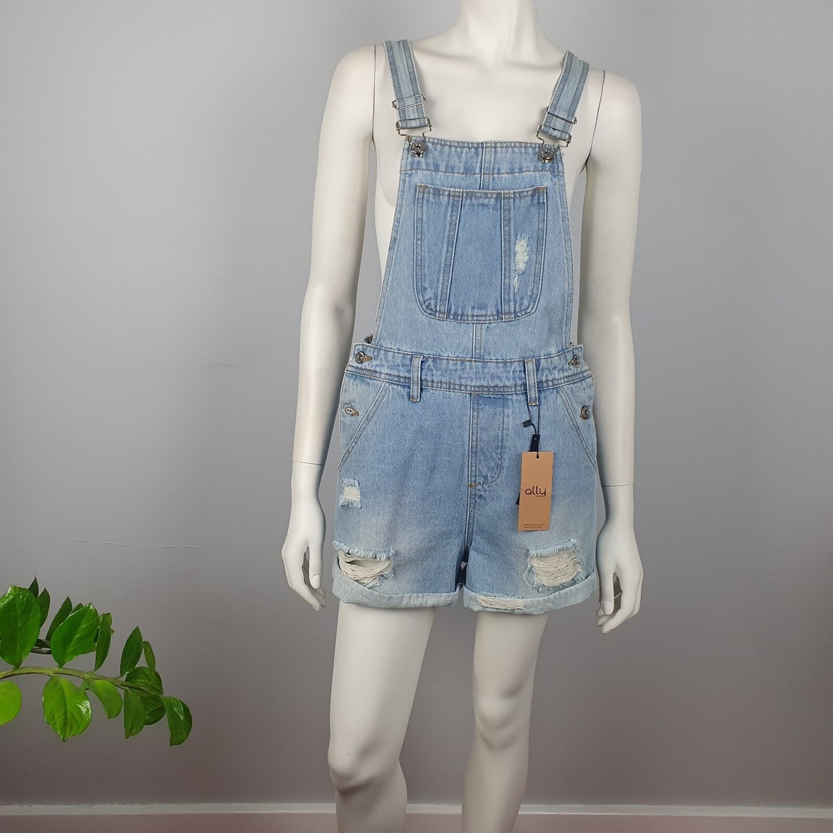 Ally Size Denim Dungarees Overalls Shorts Blue Acid Wash