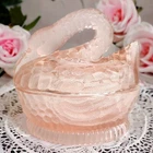 Vintage Pink Glass 2 Pc Swan Figural Lidded Candy Dish Vanity Box 5" H x 5.5" L