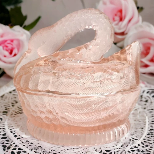 Vintage Pink Glass 2 Pc Swan Figural Lidded Candy Dish Vanity Box 5" H x 5.5" L