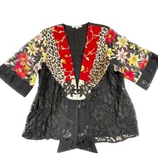 Spencer Alexis Cardigan Blouse Sz M Lace Velvet Leopard Print Asian Kimono Studs