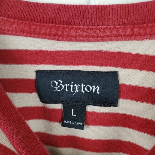 Brixton Shirt Mens Large Red Beige Stripe Crew Neck Short Sleeve Logo Stretch - Picture 7 of 14
