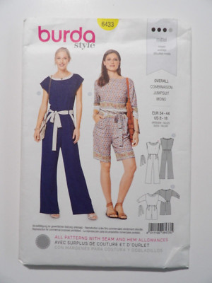 Burda 6433 Summer Jumpsuits w Contrast Bands, Tie Belt Sz 8-18 UNCUT Pattern