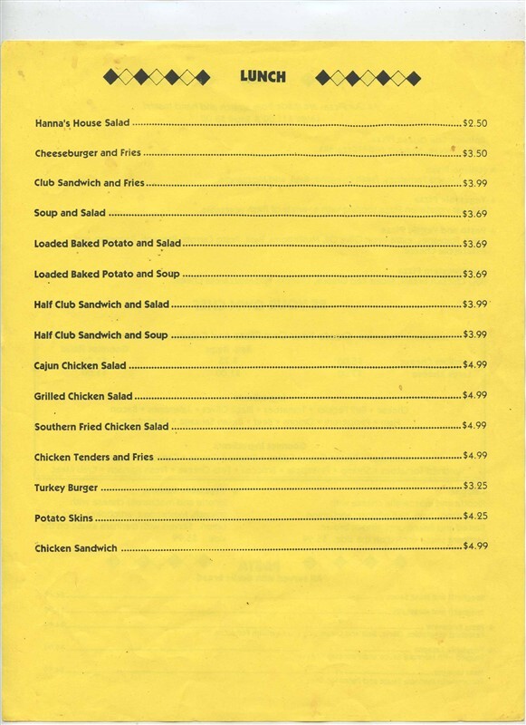 Hanna's Cafe Lunch & Dinner Menus Cumberland Ave Knoxville Tennessee