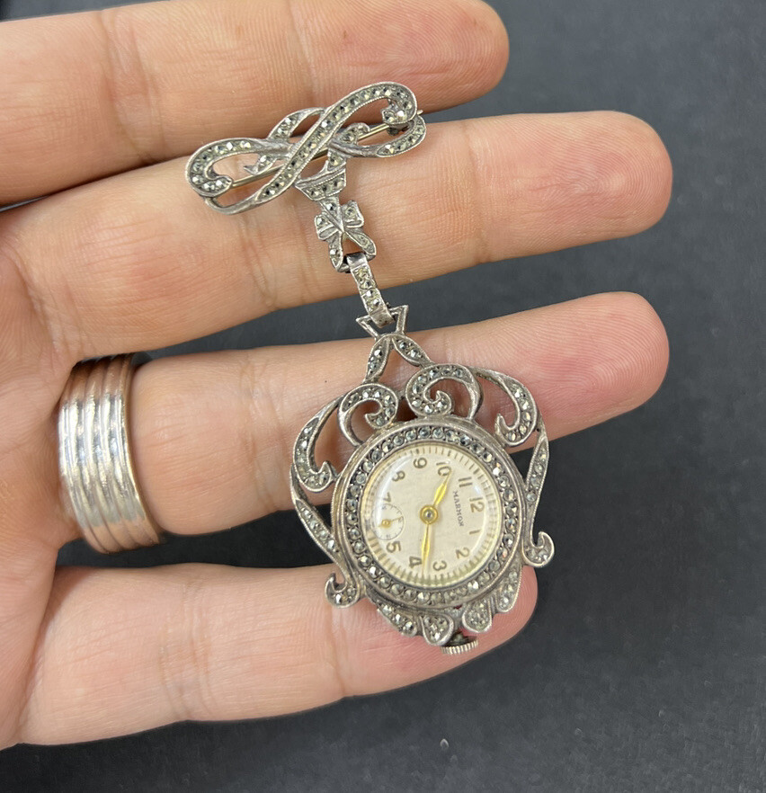 Vintage Watch Clock MARMON Pin Brooch Sterling Silver… Gem