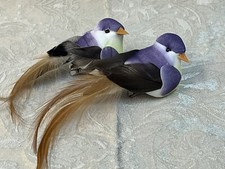 PURPLE WHITE FEATHERED BIRDS CLIP CRAFT DECORATION WEDDING CHRISTMAS SET OF 2