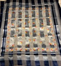 Scarf Blue Border w/Sheer Stripes, Floral Leaf Red Yellow Pattern 38x40 Silver