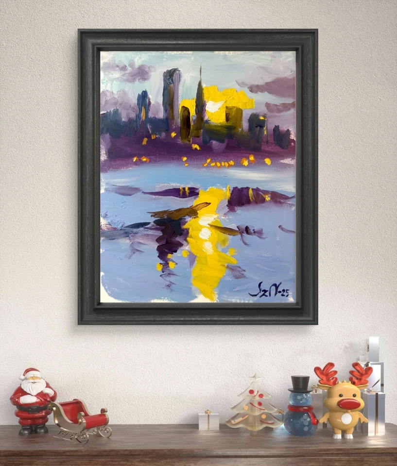 Pintura al óleo original 9x12 lienzo paisaje urbano moderno abstracto neoexpresionismo Foto 2 de 4