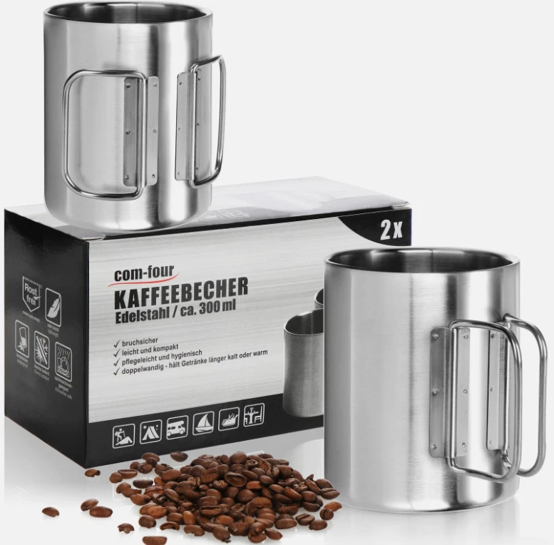 2x Edelstahl-Kaffeebecher, 300 ml je Tasse, Thermo-Trinkbecher aus Edelstahl 304 - Bild 1 von 3