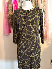 Michael Kors Black Gold Chain Print Shift Dress 3/4 Dolman Stretch Size S