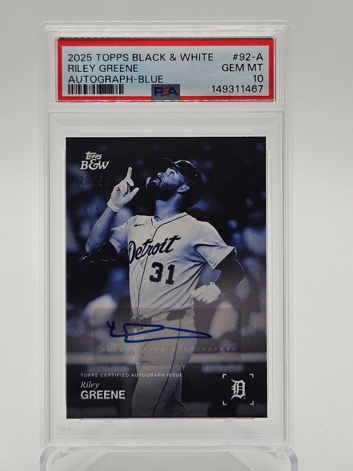 2025 Topps Black & White Riley Greene AUTO #92-A Blue /50 PSA 10