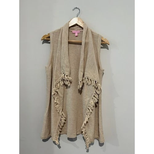 Lilly Pulitzer Tan Tassel Fringe Metallic Shimmer Cardigan Vest XS Layering Boho video thumbnail