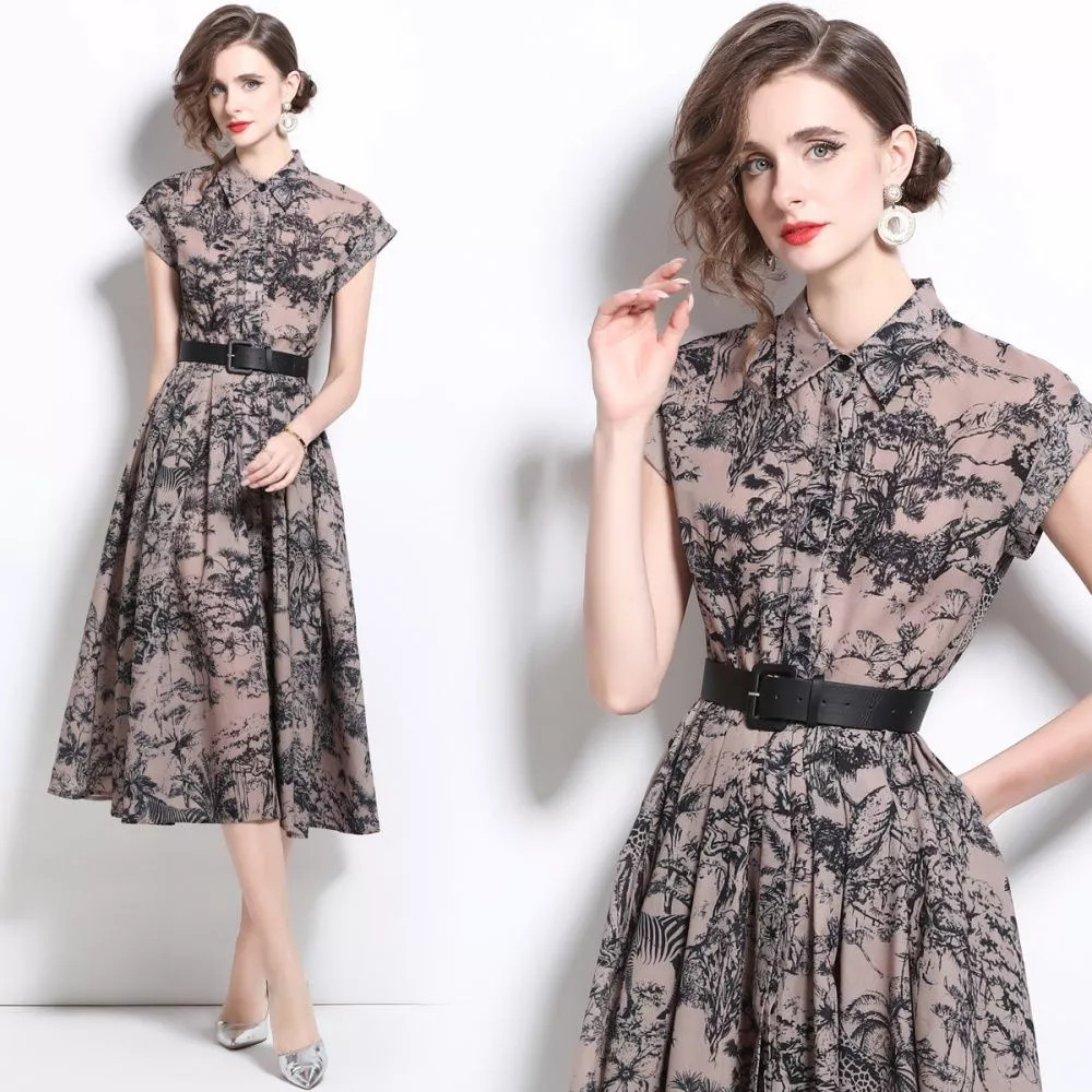 Vestido Cachemir Estampado Negra En Beis Con Cinturón Negra Elegante Fresco De
