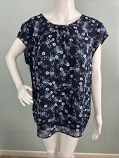 Women's DR2 by Daniel Rainn S/S Navy Blue Mixed Media Floral Print Top Sz XL