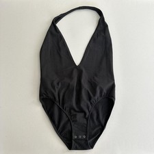 Victorias Secret Bodysuit Small Black Cotton Halter Deep V Plunge Snap