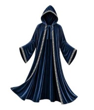 Adult Hooded Wizard Robe Costume, Velvet Cloak with Gold Trim - Velvet Blue
