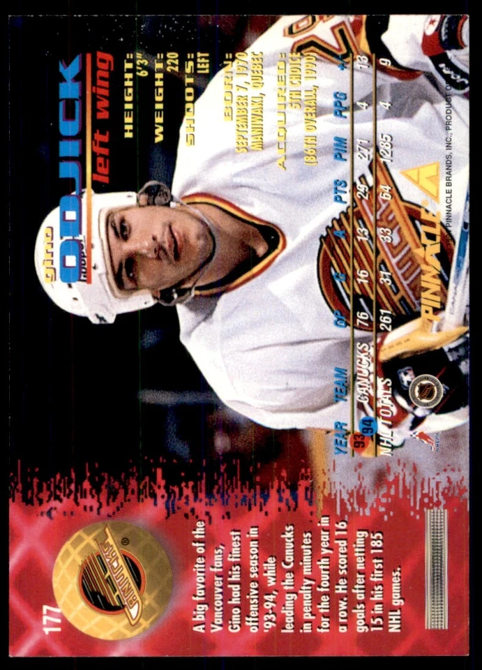1994-95 Pinnacle Gino Odjick Vancouver Canucks #177 - Image 2 of 2