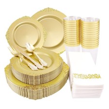 Morejoy 175PCS Solid Gold Plastic Plates with Gold Rim, Disposable Dinnerware...