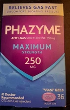 Anit-Gas Phazyme Max Strength 250mg 3-36 Fast Gel Capsule Packs. 108 Capsules