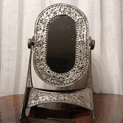 Punched Tin Tabletop Vanity Mirror On Stand 15'' Mexican Folk Art
