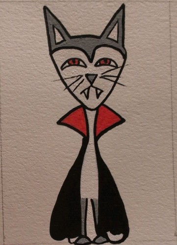 ACEO Original Painting Vampire Cat Acrylic On Paper 2.5x3.5, by S. Slider