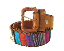 Women's VTG Brown Tooled Leather WOVEN SOUTHWESTERN Rainbow WAIST BELT Sz S