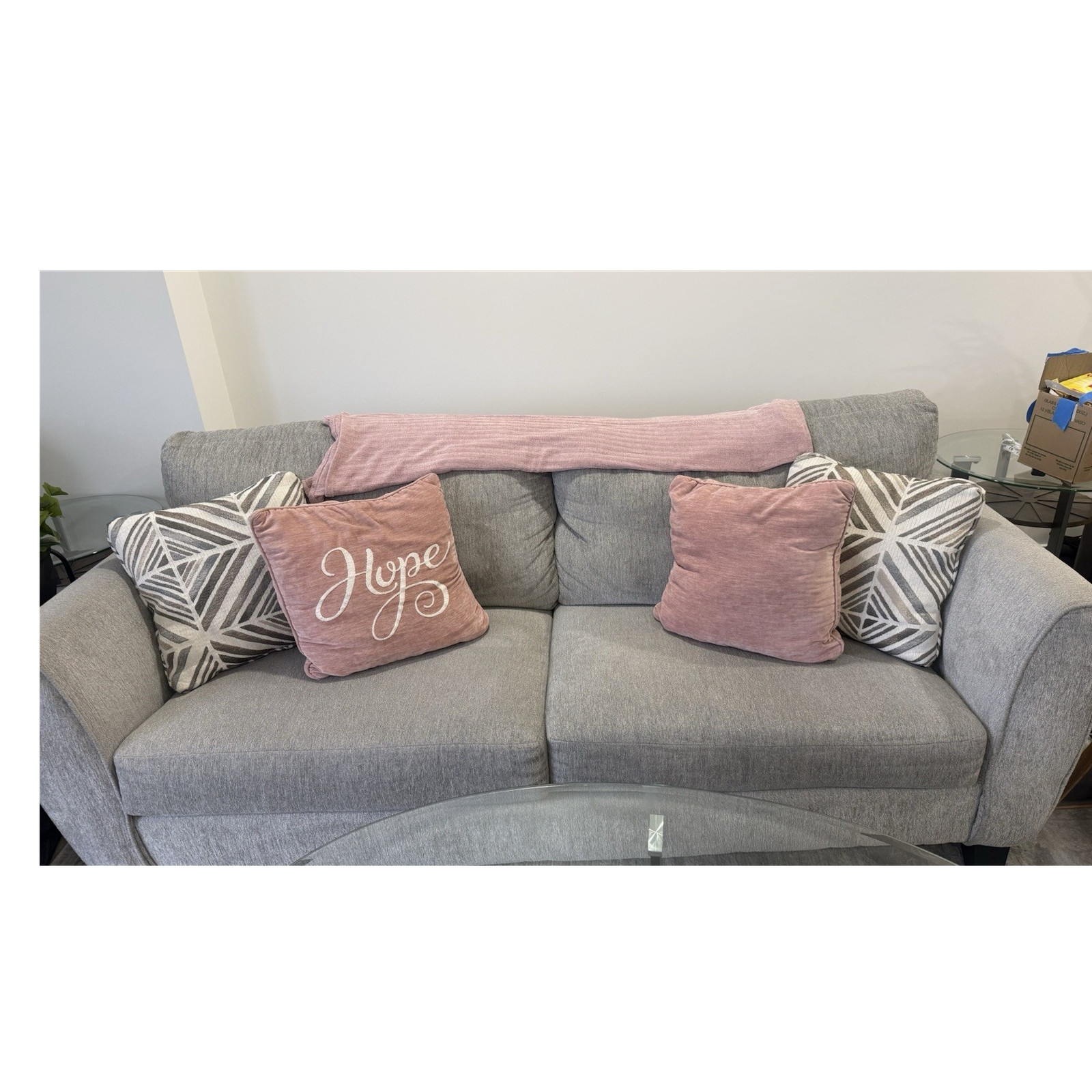 Gray Contemporary Sofa, Wood Frame, 2-Seater, High Back, Cushions, Living Room