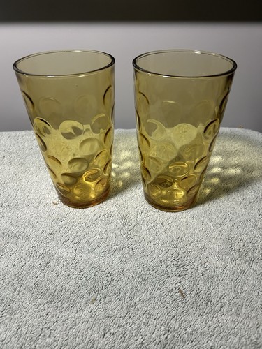 Pair of VTG Hazel Atlas Amber El Dorado Optic Dot Tall Heavy Drinking XL Glasses - Picture 2 of 8