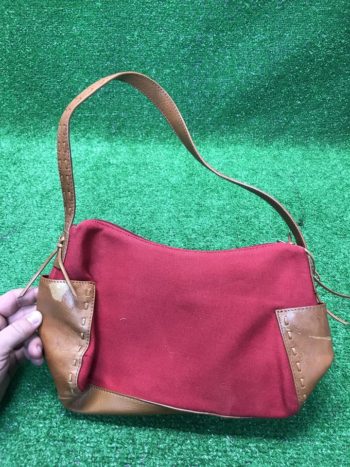 Fossil Ruby Red Canvas W Brown Leather Accents Small Handbag Purse Wood Key wow