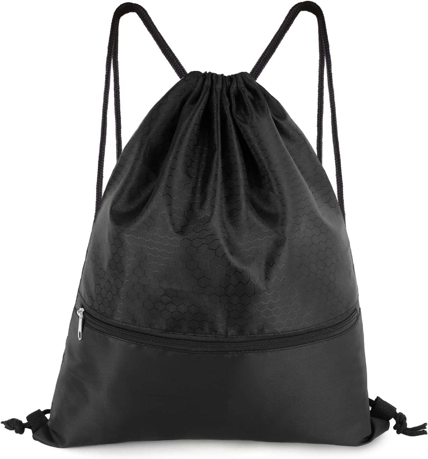 Drawstring Backpack Bag Waterproof Draw String Back Sack with Zip Pocket Black