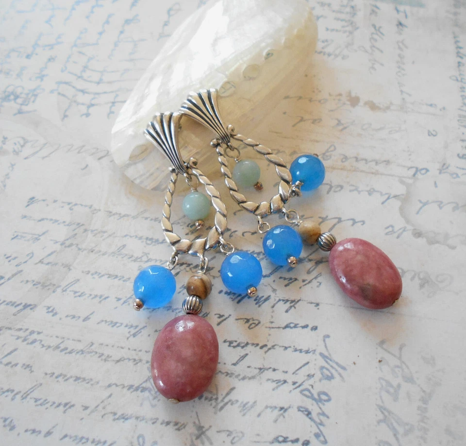 Brincos lustre de ágata rodonita pollack esterlina Carolyn E39-42 - Imagem 2 de 4