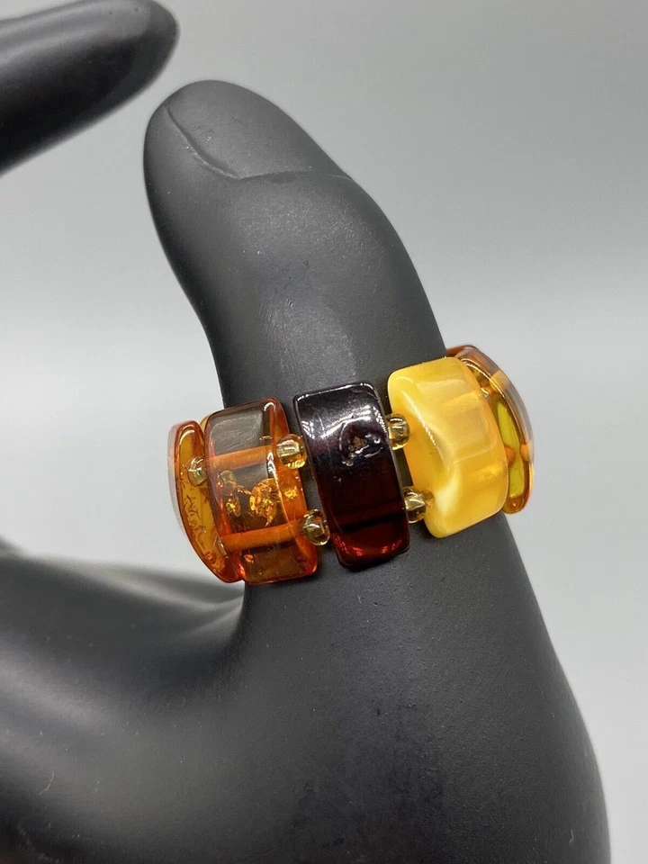 Anillo de goma de eslabones cuadrados genuinos ámbar multicolor real talla 10 ajustable Foto 3 de 4