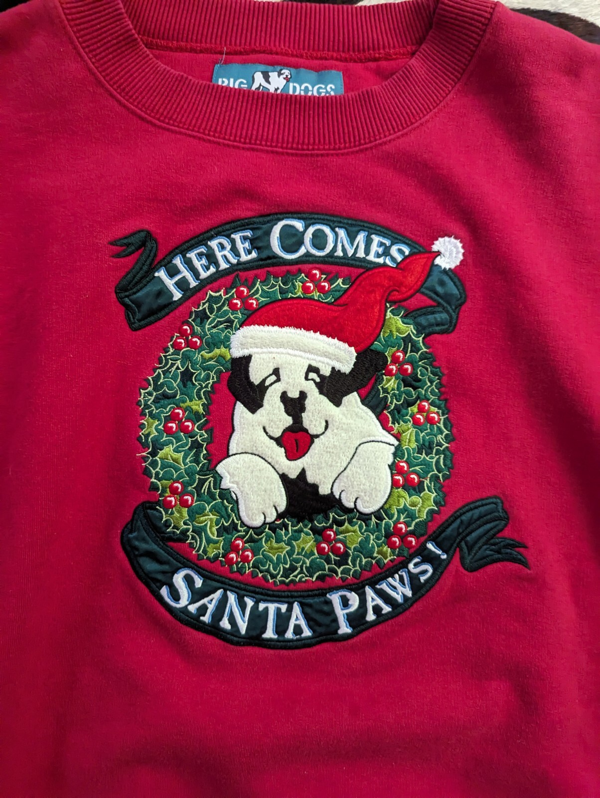 Rare VTG 90s Big Dog Christmas Sweater Wreath 3D Embroidered GUC Santa