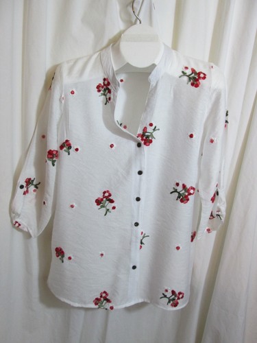 Women's Blouse Top Bright White Embroidered Floral Red Pink 3/4 Slv Petite LG