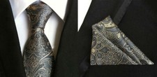 Cravatta Tasca Quadrato Set Grigio Argento Paisley con Motivo Mano Uomo Nozze