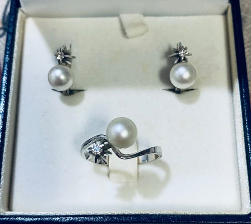 conjunto anillo y pendientes plata con brillante y perla auténtica - Imagen 2 de 2