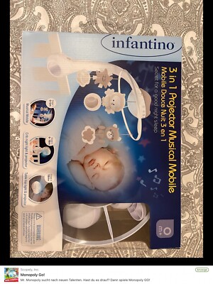 Infantino 3 in 1 Mobile mit Traumlampe für Wiege Babybett Projektor Sterne grau