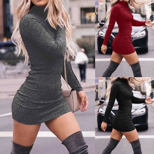 Womens High Neck Sweater Jumper Dress 