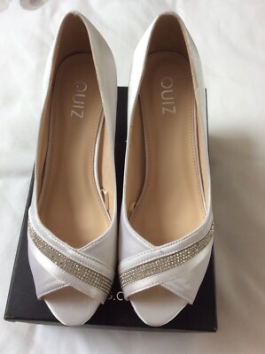 Quiz White Satin Diamante Low Heel Open Toe Courts Size