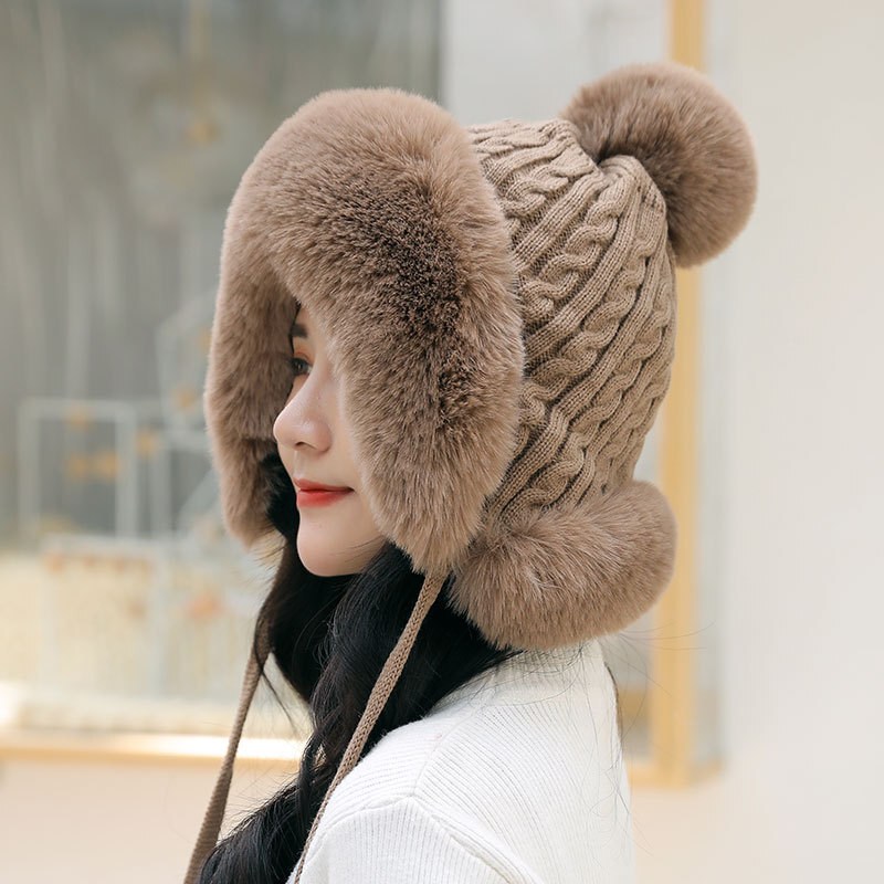 Lady Faux Fur Trapper Hat Knitted Beanie Warm Ski Cossack Russian Pom Pom  Winter