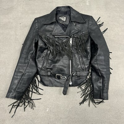 Vintage Womans Size 7/8 Black Leather Fringe Motorcycle Jacket