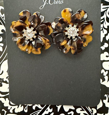 J.Crew Tortoiseshell Resin Full Bloom Flower Earrings with Crystal Center NWT